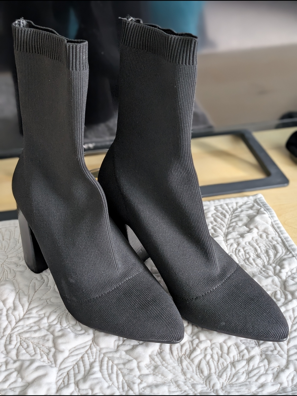 Steve Madden Black Knit Sock Boots with Block Heel